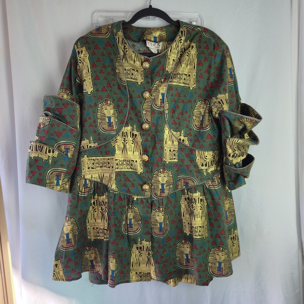Vintage 80s 3K Fashion Blouse Skirt Set One Size Egyptian Glam Art Lagenlook‎
